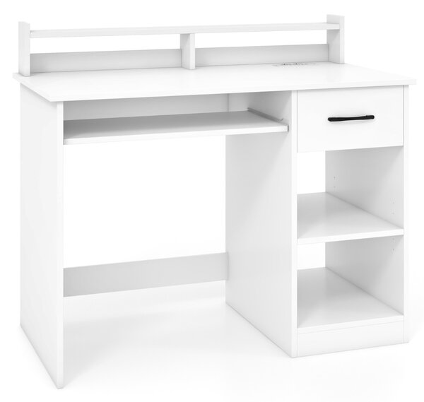 Costway Scrivania per computer con porta di ricarica USB/Type-c e presa di corrente, Scrivania moderna con vassoio per tastiera Bianco