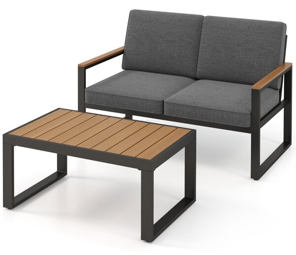 Costway Set da giardino in alluminio a 2 pezzi da esterno, Set da conversazione con braccioli e piano in Legno-Plastica