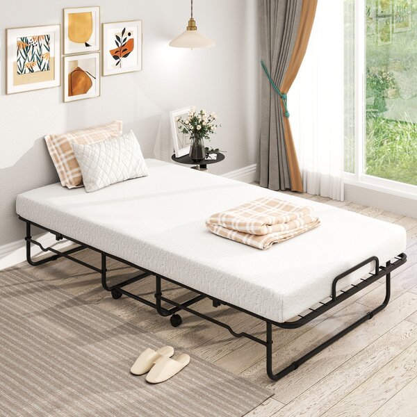 Costway Letto pieghevole con materasso e struttura in metallo, Letto singolo portatile con ruote bloccare per ospiti