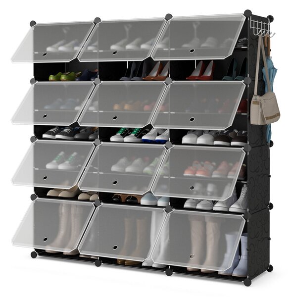 Costway Scarpiera a 8 ripiani per 48 scarpe per ingresso per stivali e tacchi, Armadio 12 cubi in plastica con ganci laterali Nero