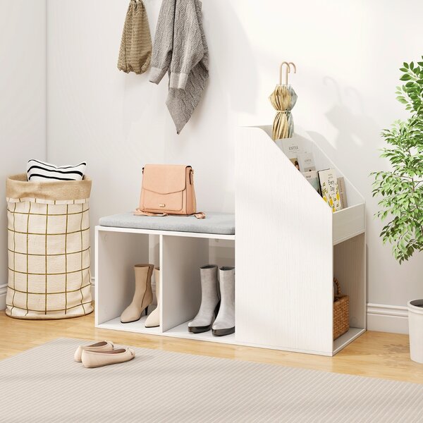 Costway Panca per scarpe con cuscino rimovibile, Panca per ingresso con 3 cassetti inferiori e 3 scomparti laterali Bianco
