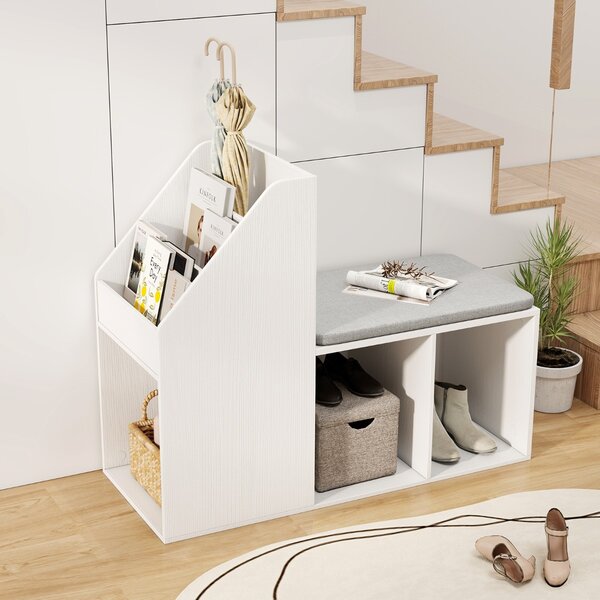Costway Panca per scarpe con cuscino rimovibile, Panca per ingresso con 3 cassetti inferiori e 3 scomparti laterali Bianco
