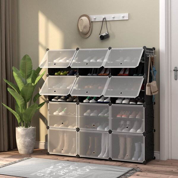 Costway Scarpiera a 8 ripiani per 48 scarpe per ingresso per stivali e tacchi, Armadio 12 cubi in plastica con ganci laterali Nero