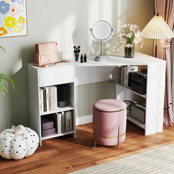 Costway Scrivania executive da 120 cm con cassetto e ripiani per archiviazione, Scrivania ad angolo L Bianca