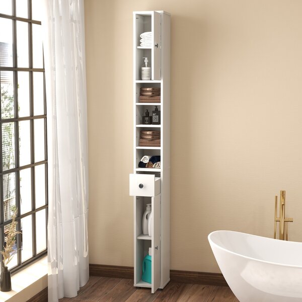 Costway Armadio da bagno alto slim con 1 cassetto di stoccaggio, Armadio da bagno 5 ripiani regolabili struttura antiscivolo Bianco