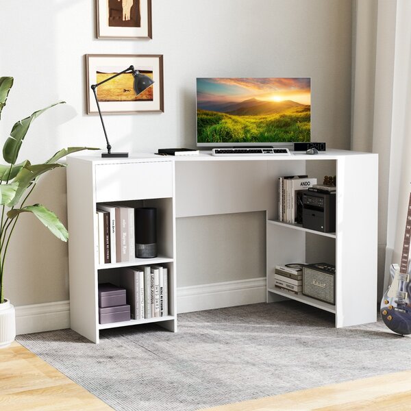 Costway Scrivania executive da 120 cm con cassetto e ripiani per archiviazione, Scrivania ad angolo L Bianca