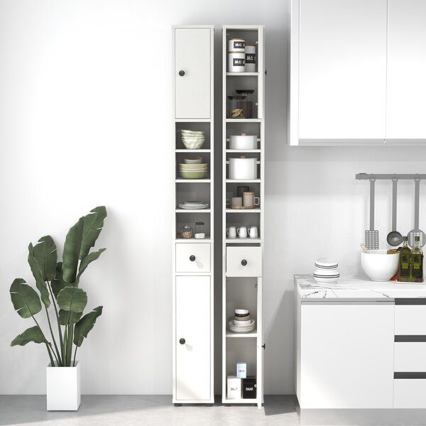 Costway Armadio da bagno alto slim con 1 cassetto di stoccaggio, Armadio da bagno 5 ripiani regolabili struttura antiscivolo Bianco