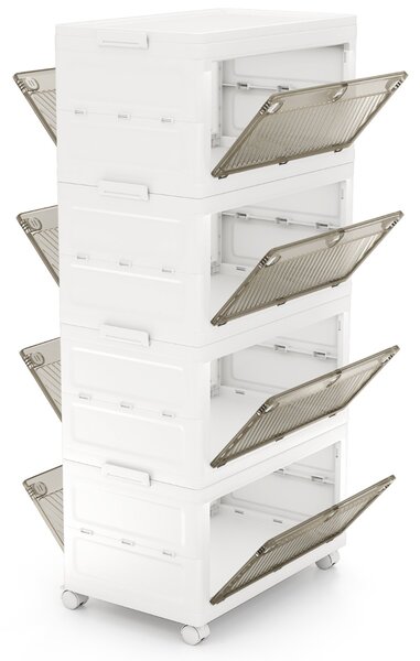 Costway Contenitori di stoccaggio in plastica a 4 livelli, Scatole impilabili con coperchio Bianco + Marrone