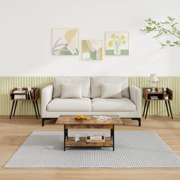 Costway Set di 2 Comodini in stile moderno semplice ma pratico, Tavolini a 2 piani con mensole aperte Marrone rustico + Nero