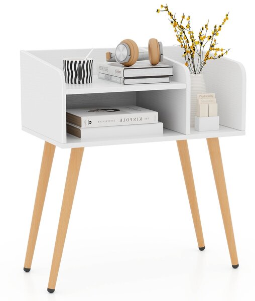 Costway Comodino in stile moderno semplice ma pratico, Tavolino a 2 piani con mensole aperte Bianco + Naturale