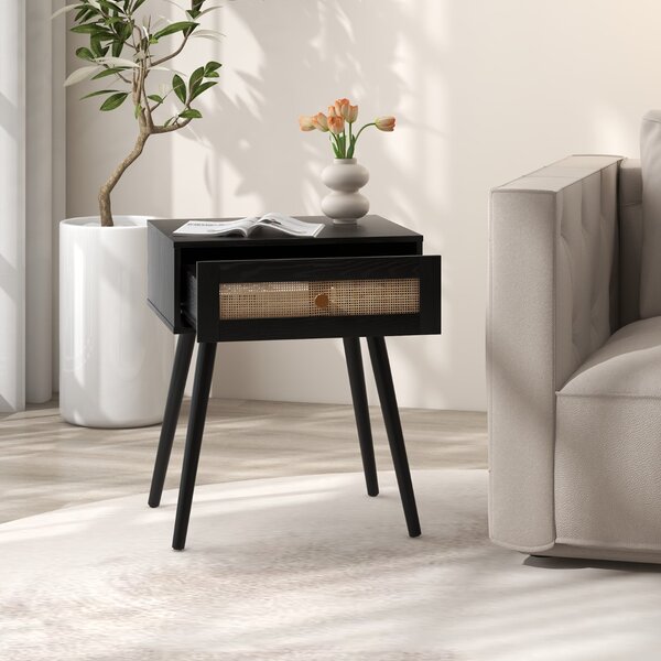 Costway Comodino in rattan con spazio di stoccaggio, Comodino con cassetto e gambe in legno massello Nero