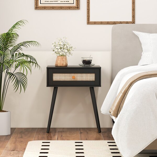 Costway Comodino in rattan con spazio di stoccaggio, Comodino con cassetto e gambe in legno massello Nero