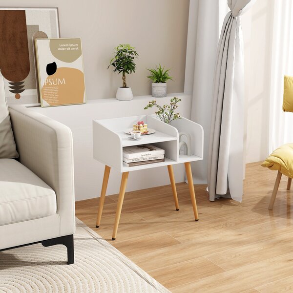 Costway Comodino in stile moderno semplice ma pratico, Tavolino a 2 piani con mensole aperte Bianco + Naturale