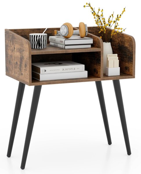 Costway Comodino in stile moderno semplice ma pratico, Tavolino a 2 piani con mensole aperte Marrone rustico + Nero