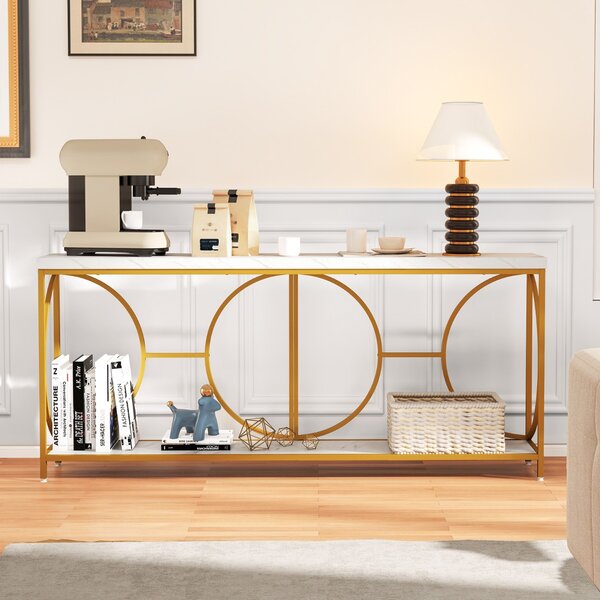 Costway Tavolo console a 2 livelli con superficie in marmo finto, Tavolo console stretto da 180 cm per ingresso Bianco + Oro