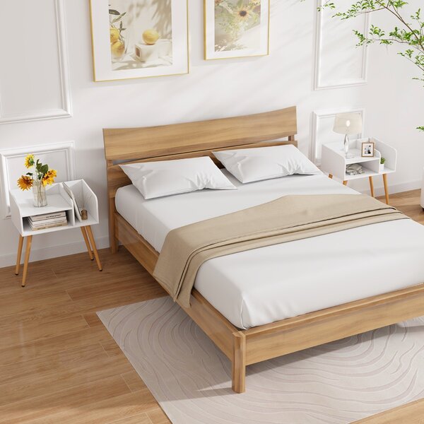 Costway Set di 2 Comodini in stile moderno semplice ma pratico, Tavolini a 2 piani con mensole aperte Bianco + Naturale