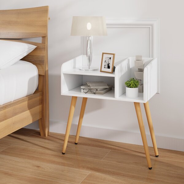 Costway Comodino in stile moderno semplice ma pratico, Tavolino a 2 piani con mensole aperte Bianco + Naturale
