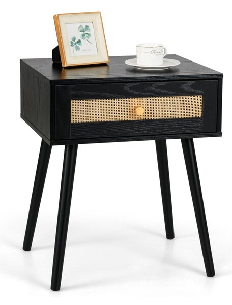 Costway Comodino in rattan con spazio di stoccaggio, Comodino con cassetto e gambe in legno massello Nero