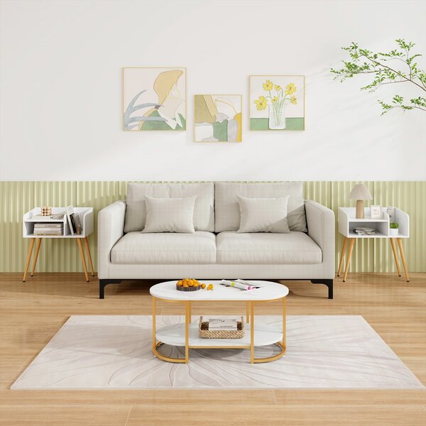 Costway Set di 2 Comodini in stile moderno semplice ma pratico, Tavolini a 2 piani con mensole aperte Bianco + Naturale