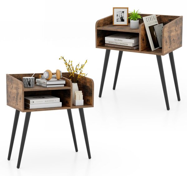 Costway Set di 2 Comodini in stile moderno semplice ma pratico, Tavolini a 2 piani con mensole aperte Marrone rustico + Nero