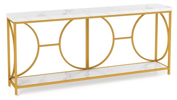 Costway Tavolo console a 2 livelli con superficie in marmo finto, Tavolo console stretto da 180 cm per ingresso Bianco + Oro