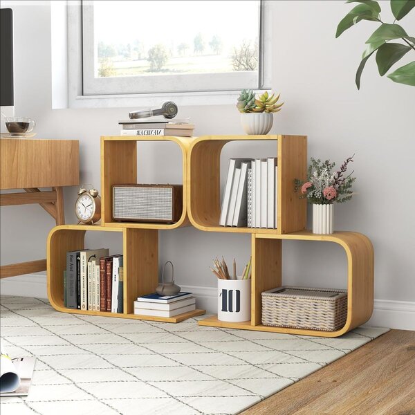 Costway Libreria a 2 livelli a forma di S per esposizione, Mensola in bambù con 2 cubi aperti Naturale