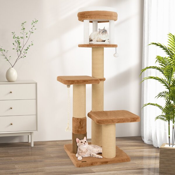 Costway Torre per gatti alta 164cm con ripiano imbottito, Albero per gatti multi-livello con piattaforme per saltare Marrone