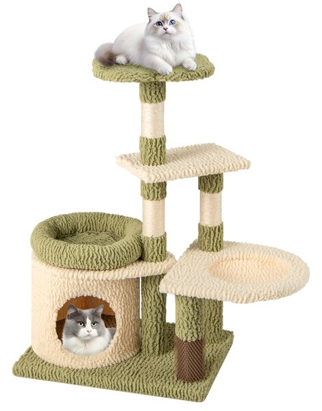Costway Albero per gatti alto 97cm con pali di sisal per graffiature, Torre multi-livello estetica con condominio Verde