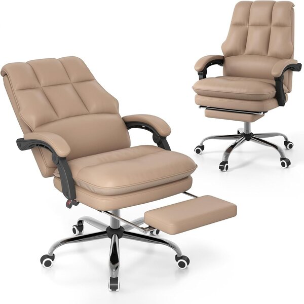 Costway Sedia da ufficio ergonomica con sedile girevole regolabile, Sedia per computer in poliuretano Caffè