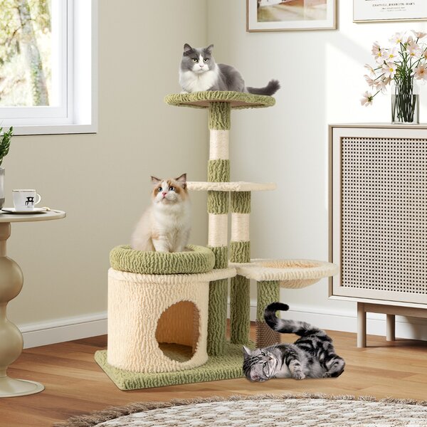 Costway Albero per gatti alto 97cm con pali di sisal per graffiature, Torre multi-livello estetica con condominio Verde