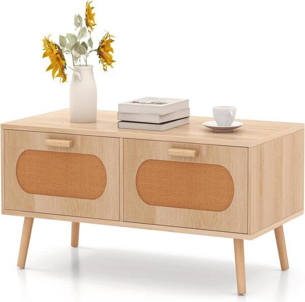 Costway Tavolino da caffè in rattan stile metà secolo, Tavolino rettangolare con doppio cassetto e scomparto posteriore
