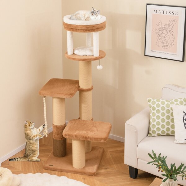 Costway Torre per gatti alta 164cm con ripiano imbottito, Albero per gatti multi-livello con piattaforme per saltare Marrone