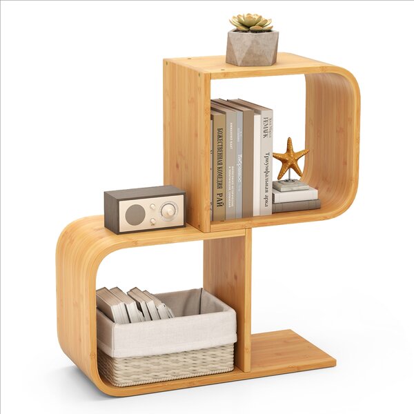 Costway Libreria a 2 livelli a forma di S per esposizione, Mensola in bambù con 2 cubi aperti Naturale