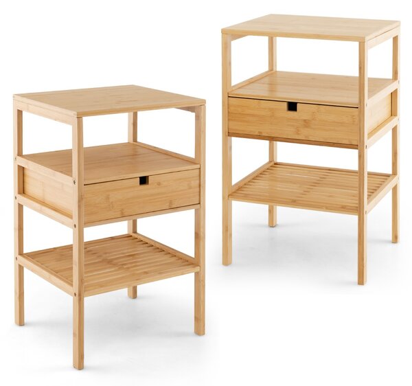Costway Set di 2 comodini multiuso in bambù con cassetto portaoggetti e scaffale a doghe, Tavolini moderno a 3 livelli Naturale