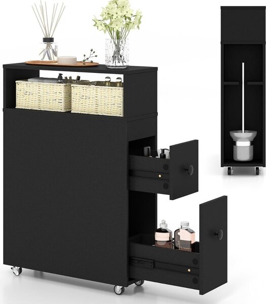 Costway Mobile bagno armadietto stretto per spazi ridotti, Arredo salvaspazio con 2 cassetti Nero
