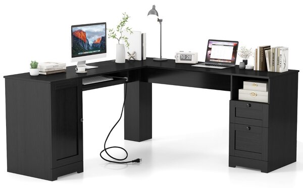 Costway Scrivania a L per gaming lavoro e scrittura 168 x 168 x 76 cm, Scrivania angolare moderna con 2 prese Nero