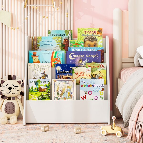 Costway Libreria per bambini a 4 ripiani con scomparti profondi, Libreria con esposizione frontale e porta riviste per camere e sale Bianco
