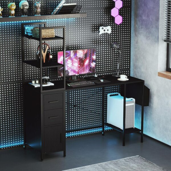 Costway Scrivania da ufficio con luci LED e prese di corrente, Scrivania per computer con ripiani aperti scrivania gaming per casa Nero
