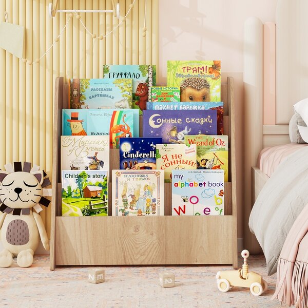 Costway Libreria per bambini a 4 ripiani con scomparti profondi, Libreria con esposizione frontale e porta riviste per camere e sale Naturale