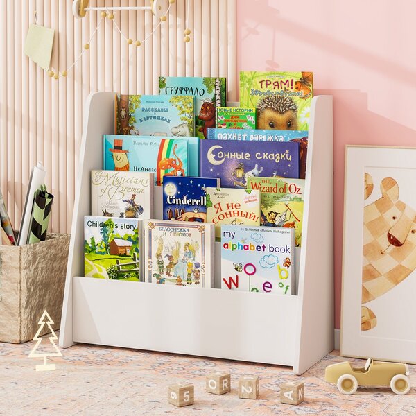 Costway Libreria per bambini a 4 ripiani con scomparti profondi, Libreria con esposizione frontale e porta riviste per camere e sale Bianco
