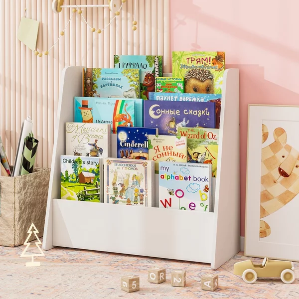 Costway Libreria per bambini a 4 ripiani con scomparti profondi, Libreria con esposizione frontale e porta riviste per camere e sale Bianco