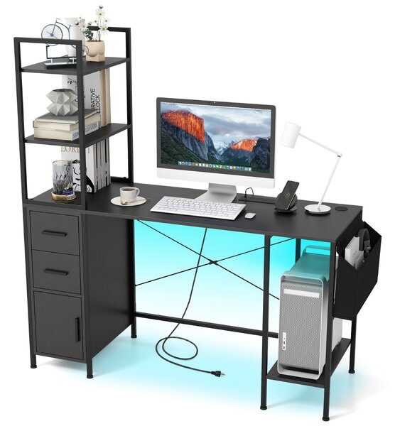 Costway Scrivania da ufficio con luci LED e prese di corrente, Scrivania per computer con ripiani aperti scrivania gaming per casa Nero