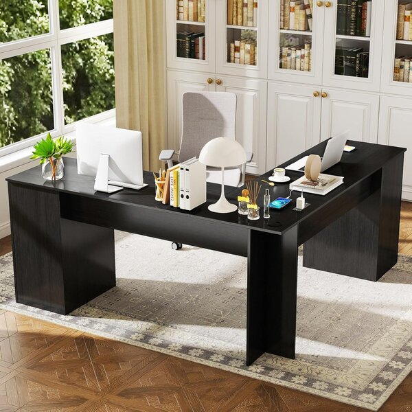 Costway Scrivania a L per gaming lavoro e scrittura 168 x 168 x 76 cm, Scrivania angolare moderna con 2 prese Nero