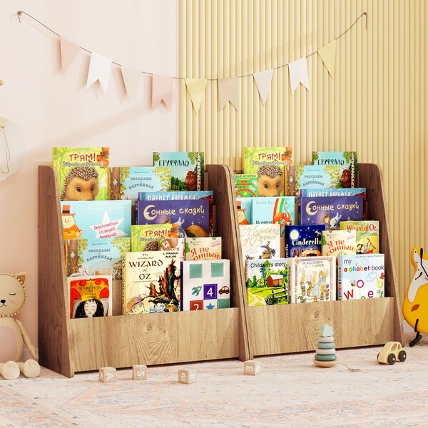 Costway Libreria per bambini a 4 ripiani con scomparti profondi, Libreria con esposizione frontale e porta riviste per camere e sale Naturale