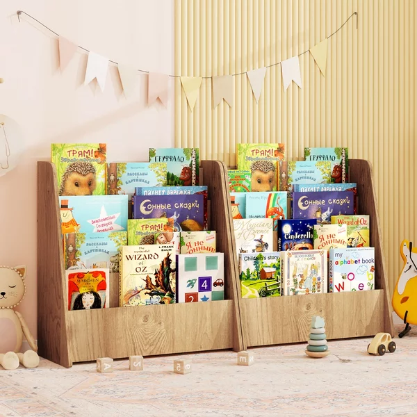 Costway Libreria per bambini a 4 ripiani con scomparti profondi, Libreria con esposizione frontale e porta riviste per camere e sale Naturale
