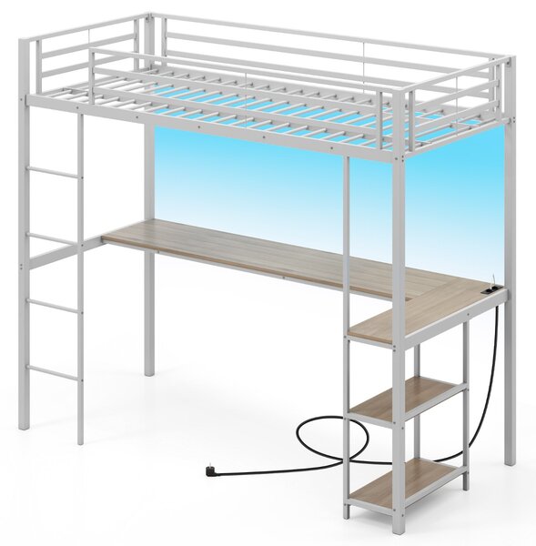 Costway Letto metallico loft con presa elettrica, Letto a soppalco con sponda & scala Argento + Naturale