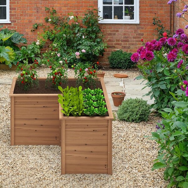 Costway Letto rialzato in legno da giardino con base aperta, Vaso rialzato a forma di L da giardino 120x120x63cm Marrone
