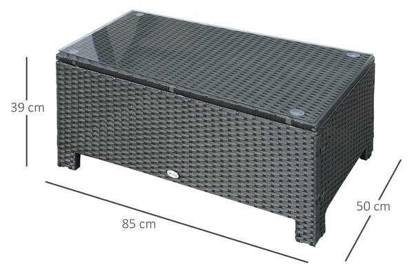 Outsunny Ousunny Tavolino da Esterni in Rattan PE con Piano in Vetro Temperato, 85x50x39cm, Nero|Aosom