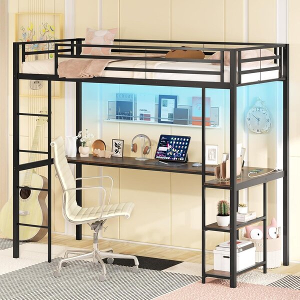 Costway Letto metallico loft con presa elettrica, Letto a soppalco con sponda & scala Nero + Marrone Rustico