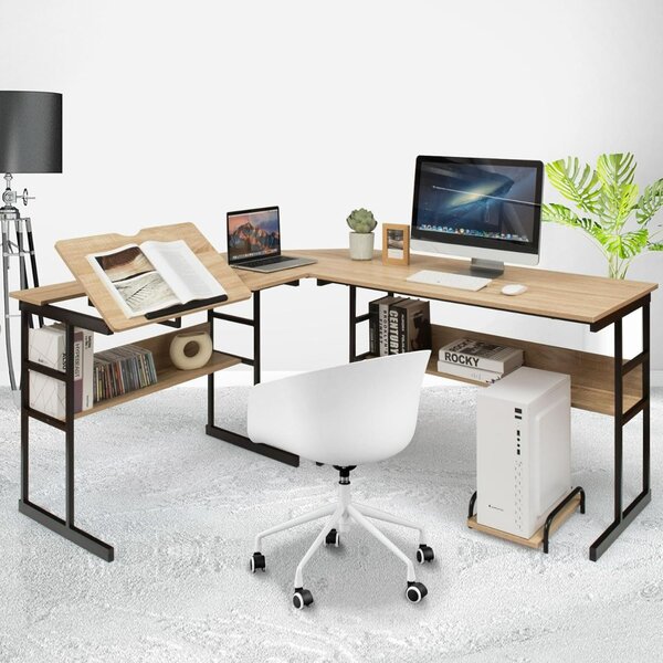 Costway Scrittoio per computer ad angolo moderno a forma di L di 170 CM, Postazione di lavoro per ufficio domestico Naturale